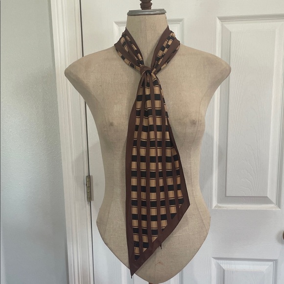 Vintage 70s Vera Checkered geometric oblong skinny narrow split Scarf brown tan - Picture 7 of 8
